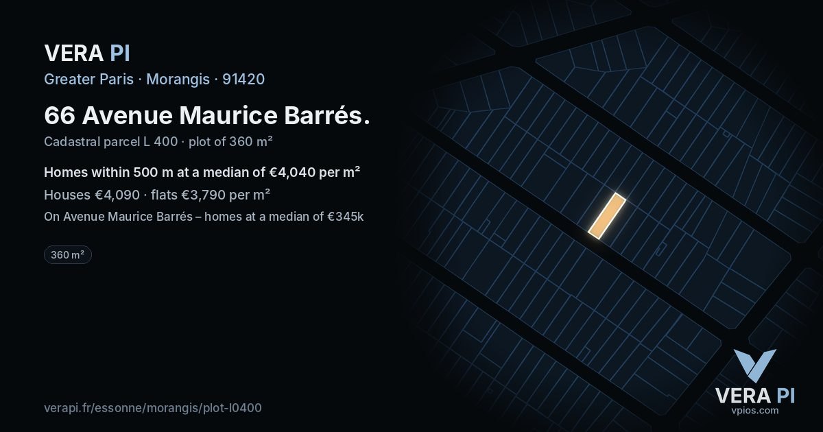 66 Avenue Maurice Barrés, Morangis at night – the plot lit, the parcels around coloured by the prices near them