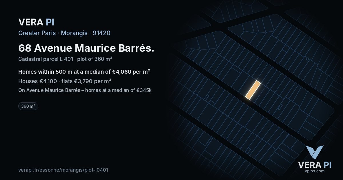 68 Avenue Maurice Barrés, Morangis at night – the plot lit, the parcels around coloured by the prices near them