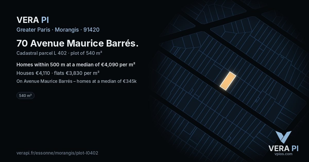70 Avenue Maurice Barrés, Morangis at night – the plot lit, the parcels around coloured by the prices near them