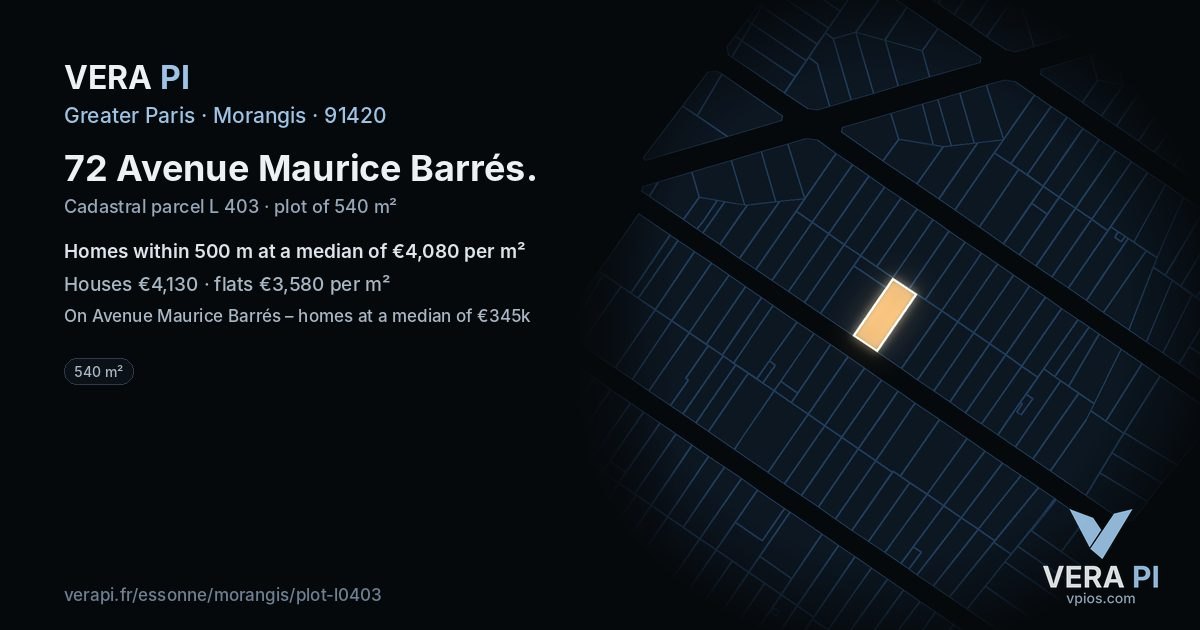 72 Avenue Maurice Barrés, Morangis at night – the plot lit, the parcels around coloured by the prices near them