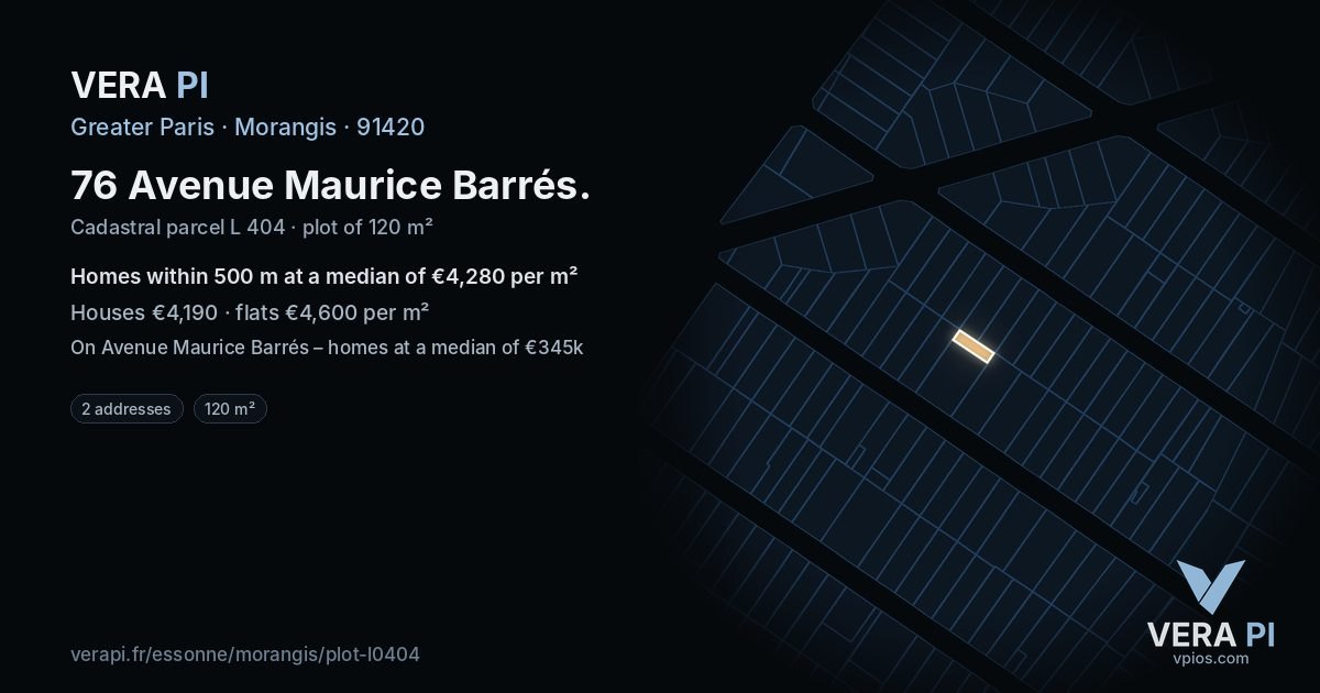 76 Avenue Maurice Barrés, Morangis at night – the plot lit, the parcels around coloured by the prices near them