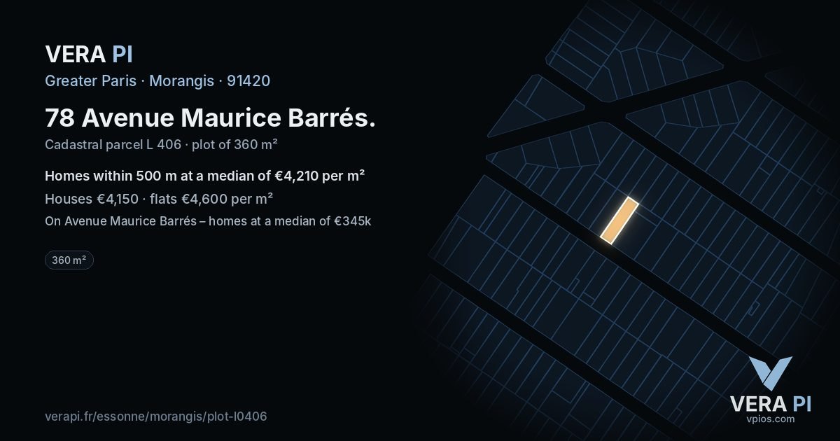 78 Avenue Maurice Barrés, Morangis at night – the plot lit, the parcels around coloured by the prices near them