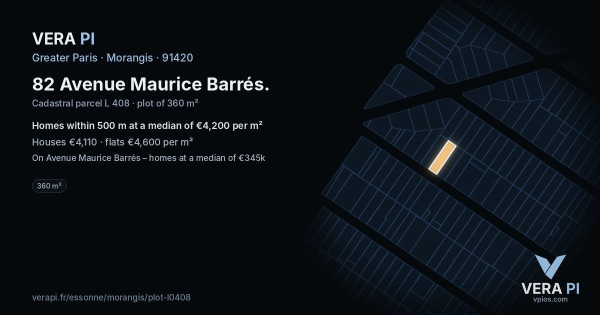 82 Avenue Maurice Barrés, Morangis at night – the plot lit, the parcels around coloured by the prices near them