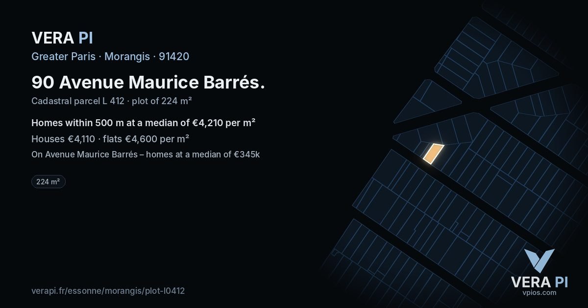 90 Avenue Maurice Barrés, Morangis at night – the plot lit, the parcels around coloured by the prices near them