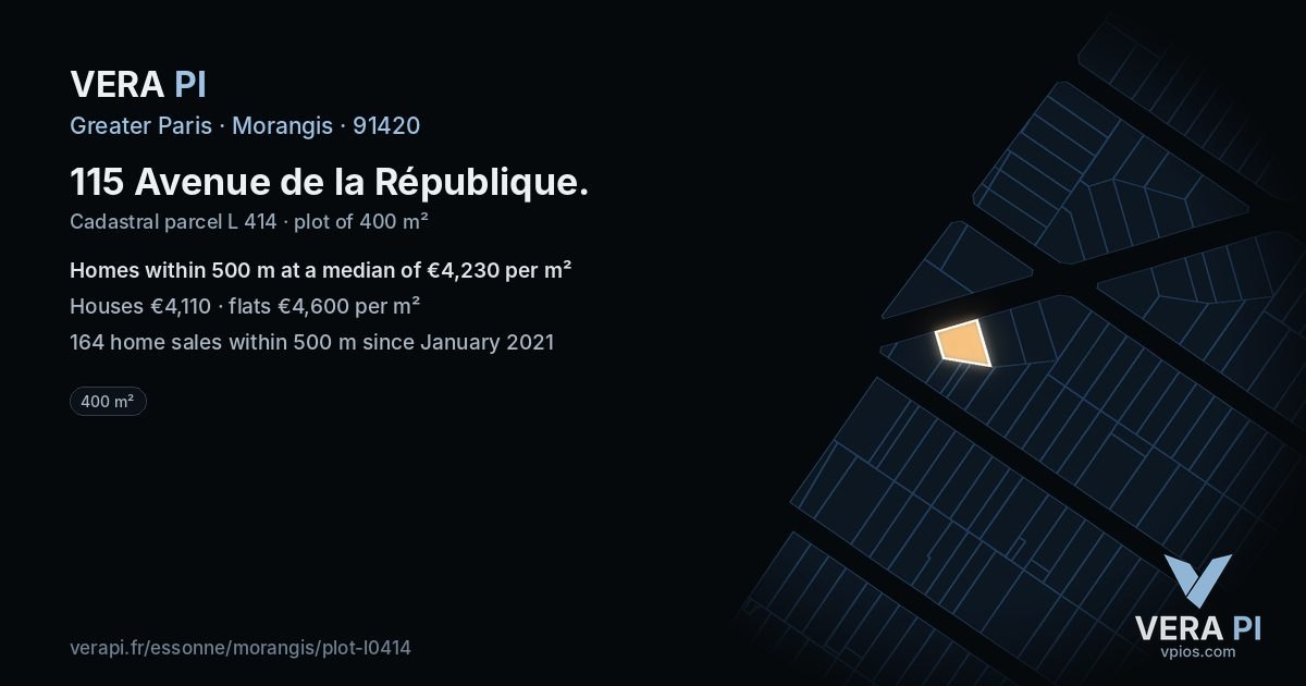 115 Avenue de la République, Morangis at night – the plot lit, the parcels around coloured by the prices near them