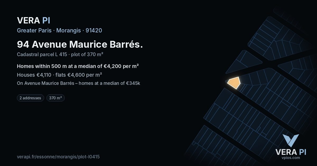 94 Avenue Maurice Barrés, Morangis at night – the plot lit, the parcels around coloured by the prices near them