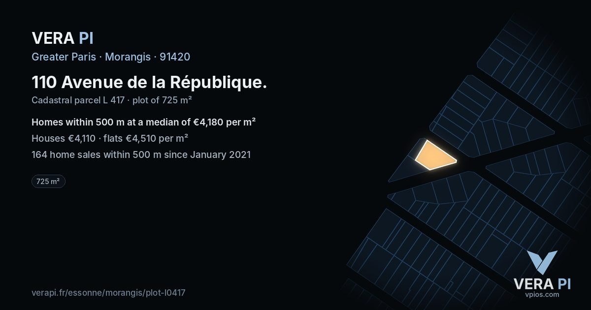 110 Avenue de la République, Morangis at night – the plot lit, the parcels around coloured by the prices near them