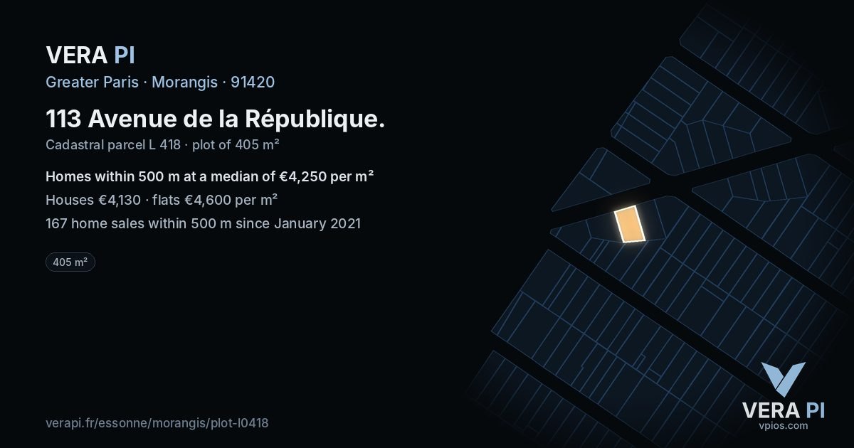 113 Avenue de la République, Morangis at night – the plot lit, the parcels around coloured by the prices near them