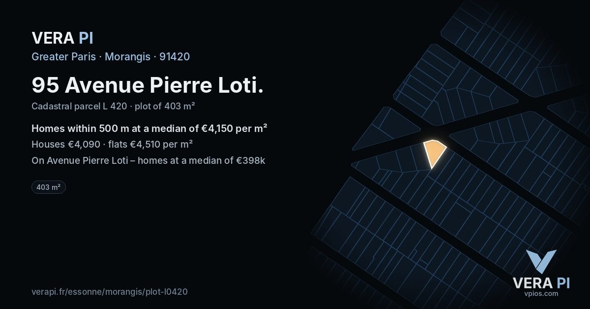 95 Avenue Pierre Loti, Morangis at night – the plot lit, the parcels around coloured by the prices near them