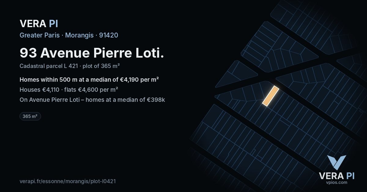 93 Avenue Pierre Loti, Morangis at night – the plot lit, the parcels around coloured by the prices near them