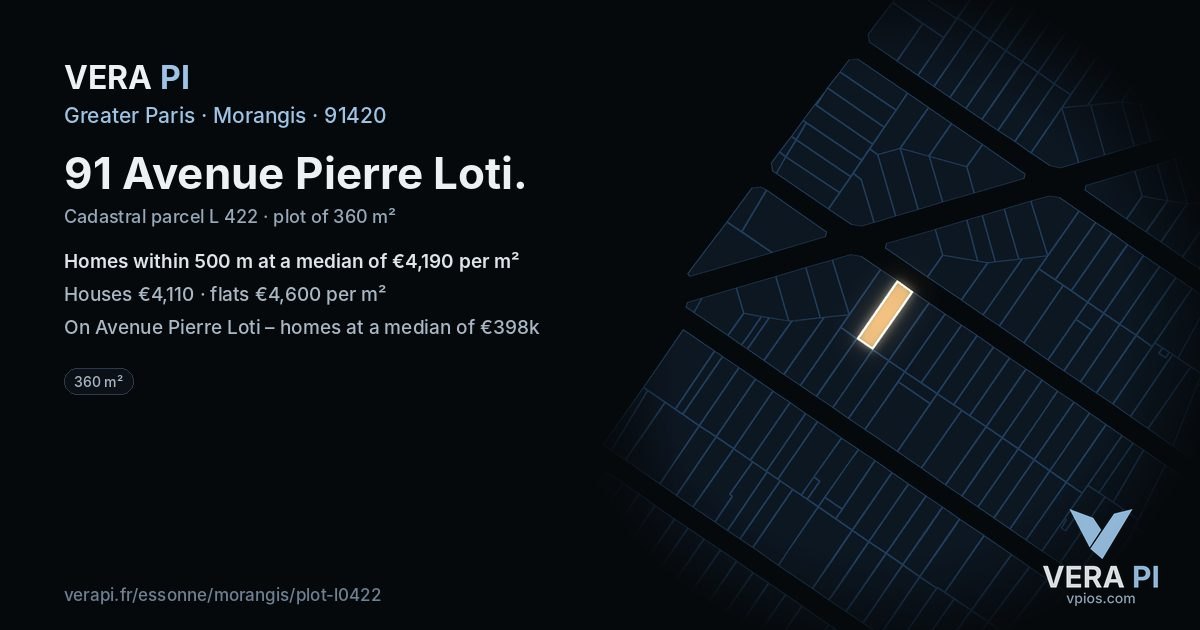 91 Avenue Pierre Loti, Morangis at night – the plot lit, the parcels around coloured by the prices near them