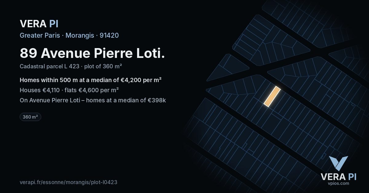 89 Avenue Pierre Loti, Morangis at night – the plot lit, the parcels around coloured by the prices near them