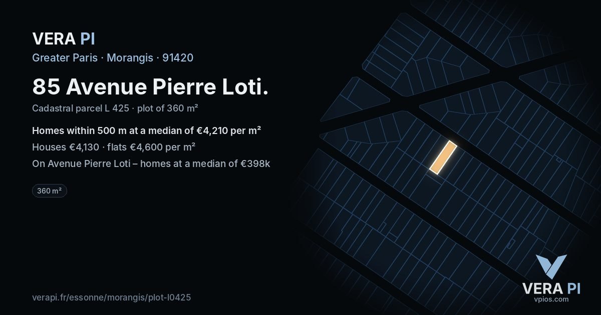 85 Avenue Pierre Loti, Morangis at night – the plot lit, the parcels around coloured by the prices near them