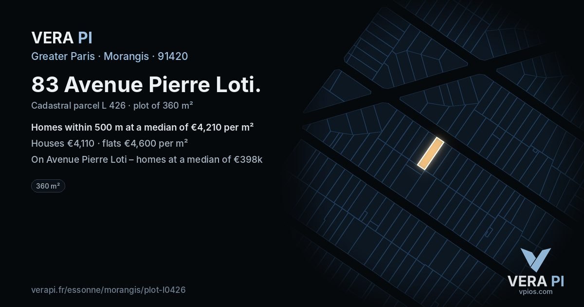 83 Avenue Pierre Loti, Morangis at night – the plot lit, the parcels around coloured by the prices near them