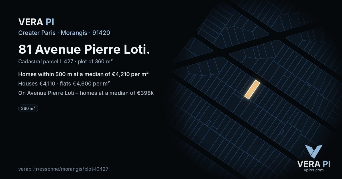 81 Avenue Pierre Loti, Morangis at night – the plot lit, the parcels around coloured by the prices near them