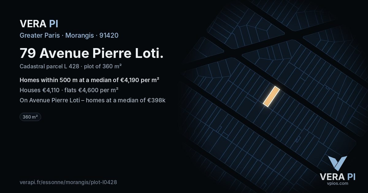 79 Avenue Pierre Loti, Morangis at night – the plot lit, the parcels around coloured by the prices near them