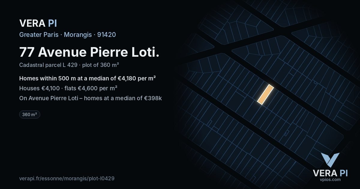 77 Avenue Pierre Loti, Morangis at night – the plot lit, the parcels around coloured by the prices near them