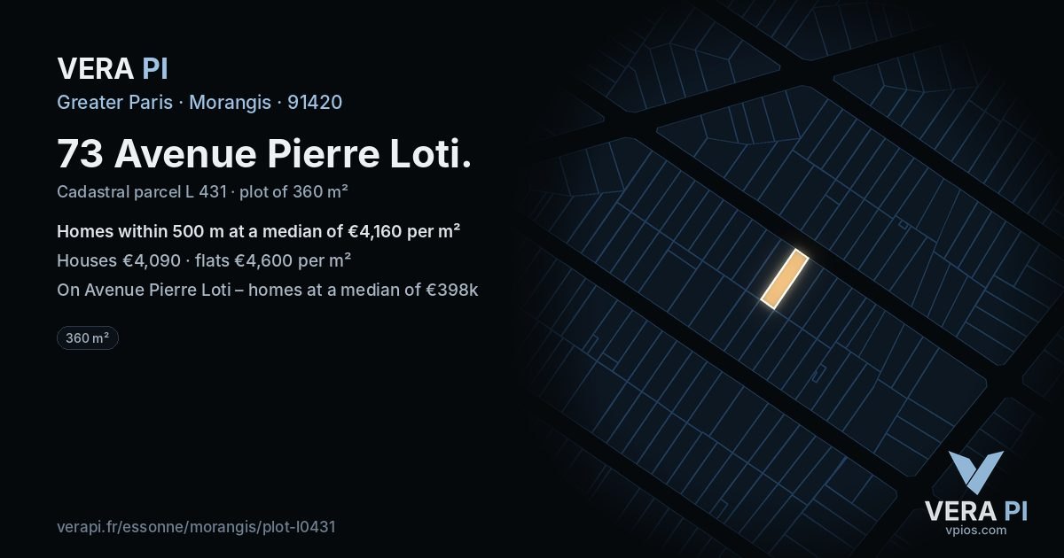 73 Avenue Pierre Loti, Morangis at night – the plot lit, the parcels around coloured by the prices near them