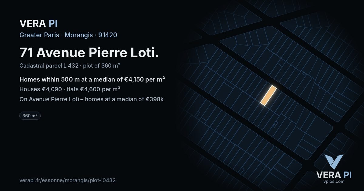 71 Avenue Pierre Loti, Morangis at night – the plot lit, the parcels around coloured by the prices near them
