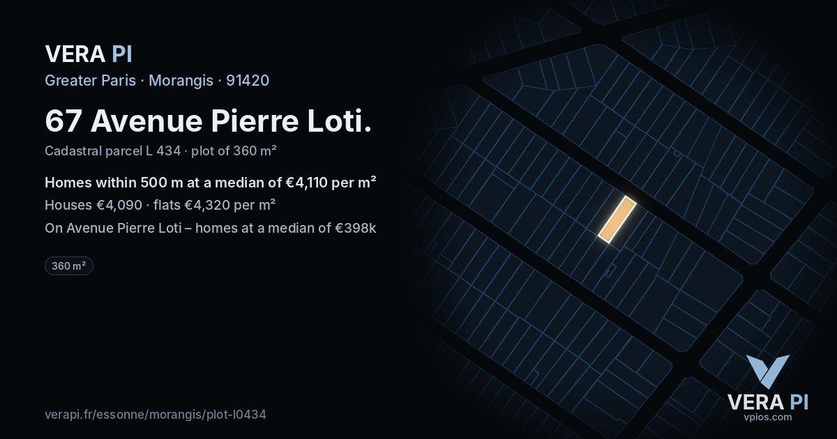67 Avenue Pierre Loti, Morangis at night – the plot lit, the parcels around coloured by the prices near them