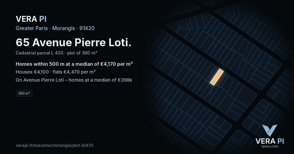 65 Avenue Pierre Loti, Morangis at night – the plot lit, the parcels around coloured by the prices near them