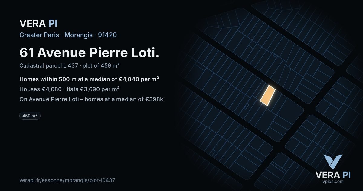 61 Avenue Pierre Loti, Morangis at night – the plot lit, the parcels around coloured by the prices near them