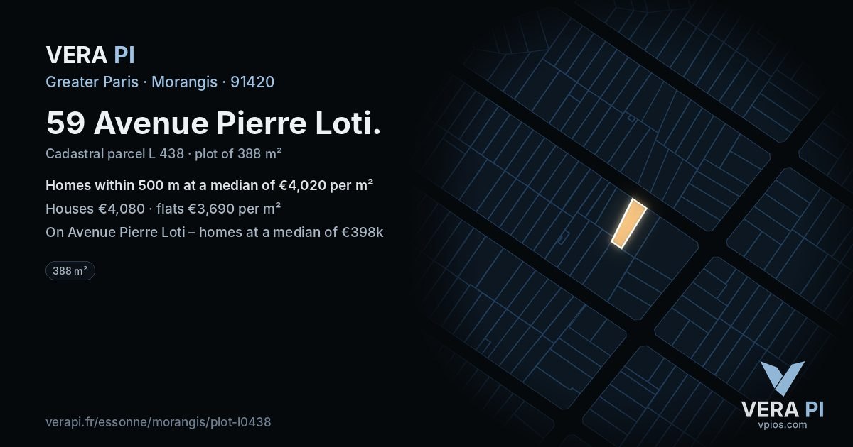 59 Avenue Pierre Loti, Morangis at night – the plot lit, the parcels around coloured by the prices near them