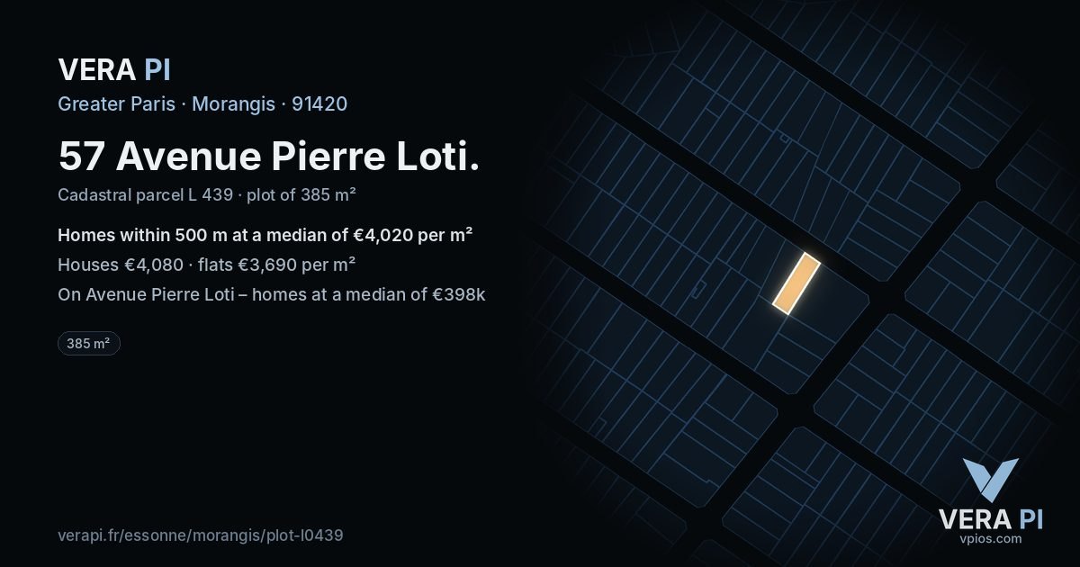 57 Avenue Pierre Loti, Morangis at night – the plot lit, the parcels around coloured by the prices near them