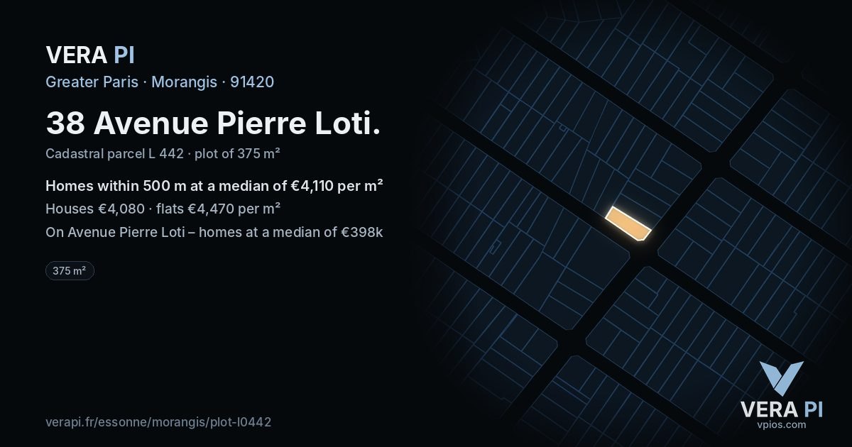 38 Avenue Pierre Loti, Morangis at night – the plot lit, the parcels around coloured by the prices near them