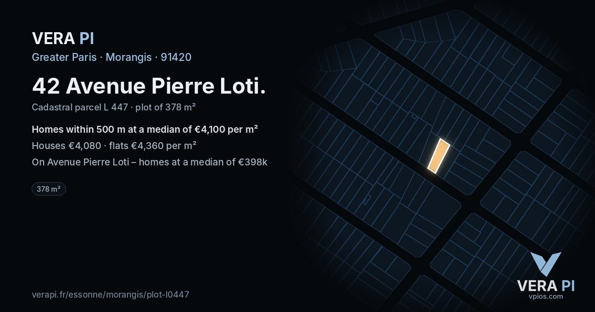 42 Avenue Pierre Loti, Morangis at night – the plot lit, the parcels around coloured by the prices near them