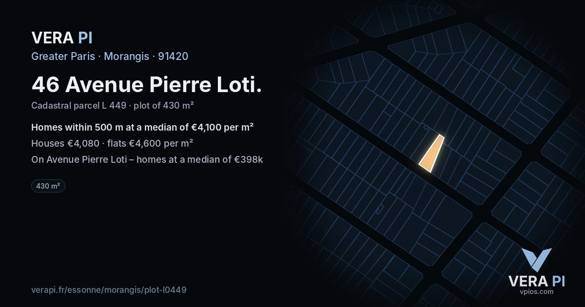 46 Avenue Pierre Loti, Morangis at night – the plot lit, the parcels around coloured by the prices near them