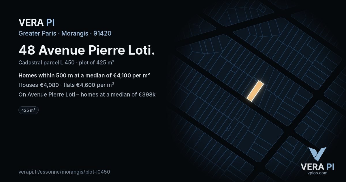 48 Avenue Pierre Loti, Morangis at night – the plot lit, the parcels around coloured by the prices near them