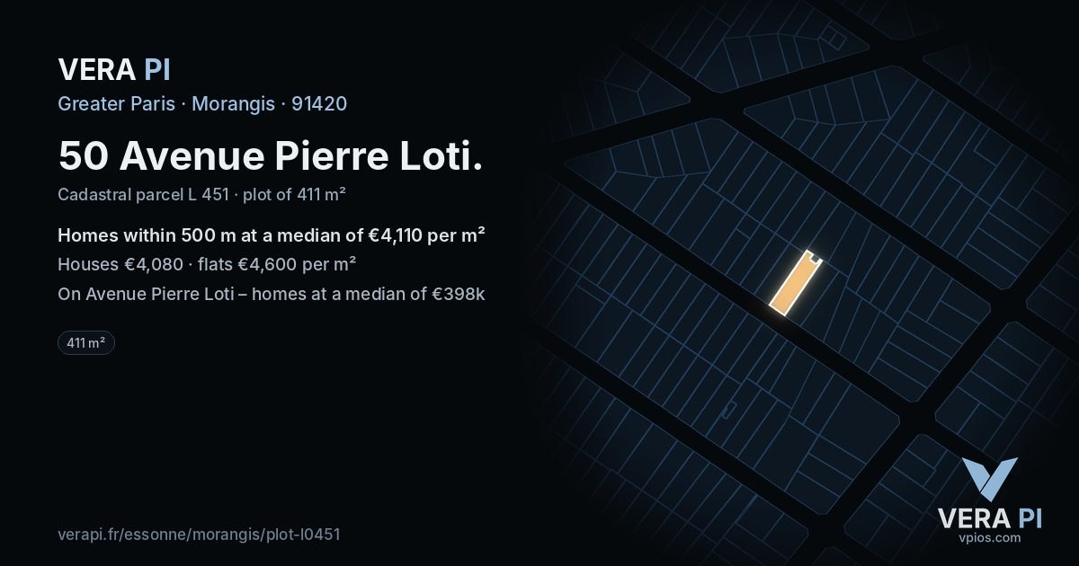 50 Avenue Pierre Loti, Morangis at night – the plot lit, the parcels around coloured by the prices near them