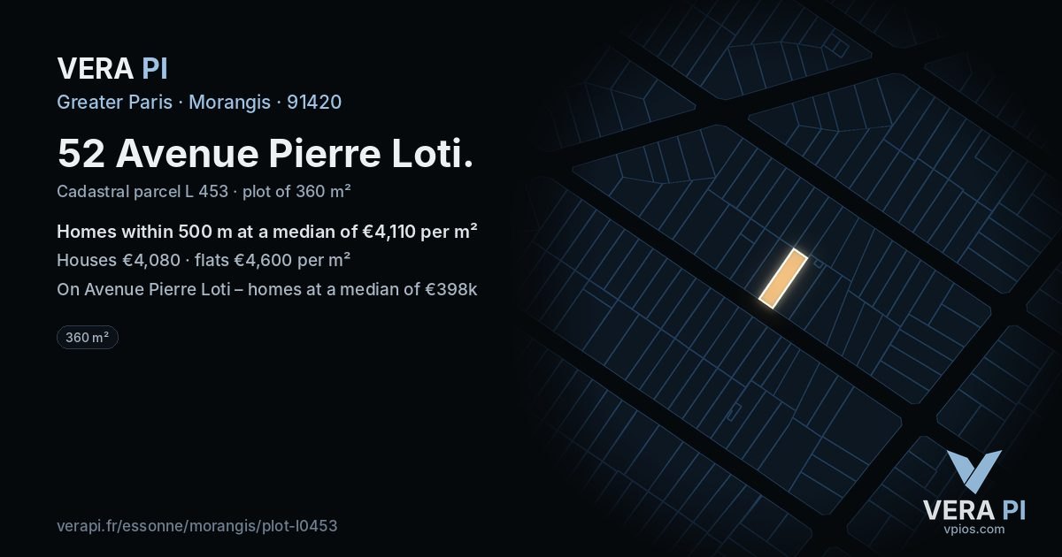 52 Avenue Pierre Loti, Morangis at night – the plot lit, the parcels around coloured by the prices near them