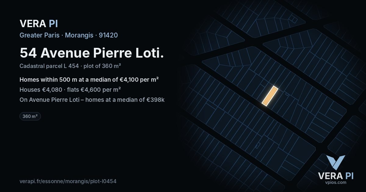 54 Avenue Pierre Loti, Morangis at night – the plot lit, the parcels around coloured by the prices near them