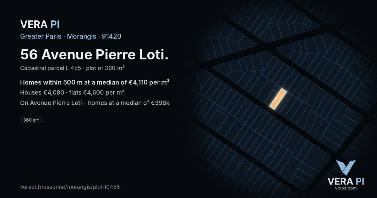 56 Avenue Pierre Loti, Morangis at night – the plot lit, the parcels around coloured by the prices near them