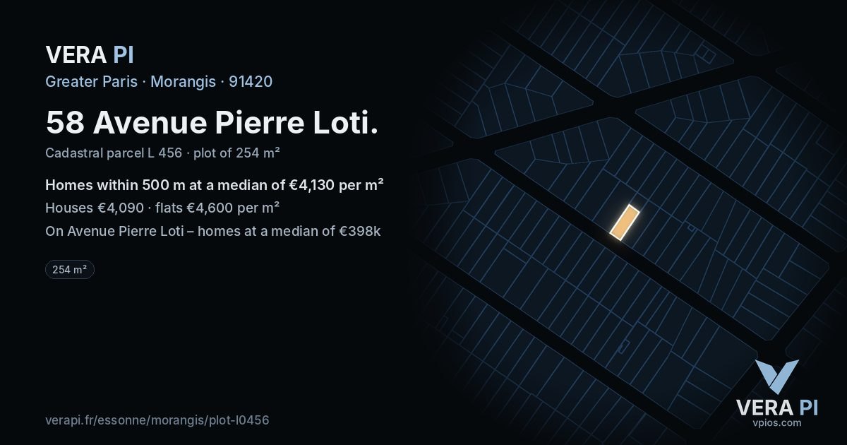 58 Avenue Pierre Loti, Morangis at night – the plot lit, the parcels around coloured by the prices near them
