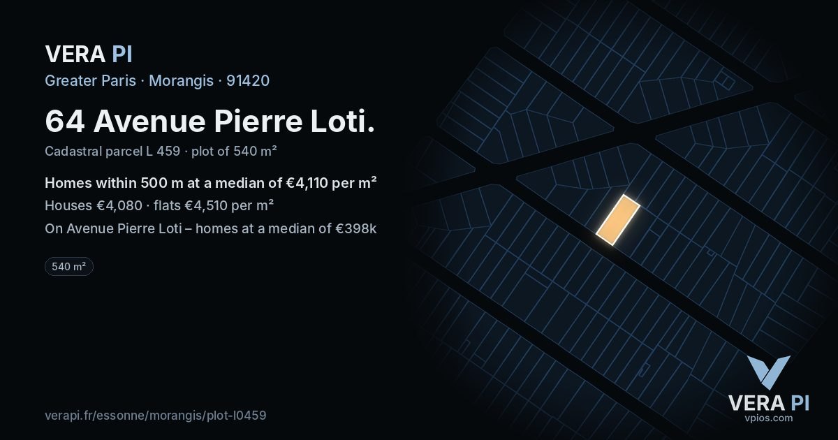 64 Avenue Pierre Loti, Morangis at night – the plot lit, the parcels around coloured by the prices near them