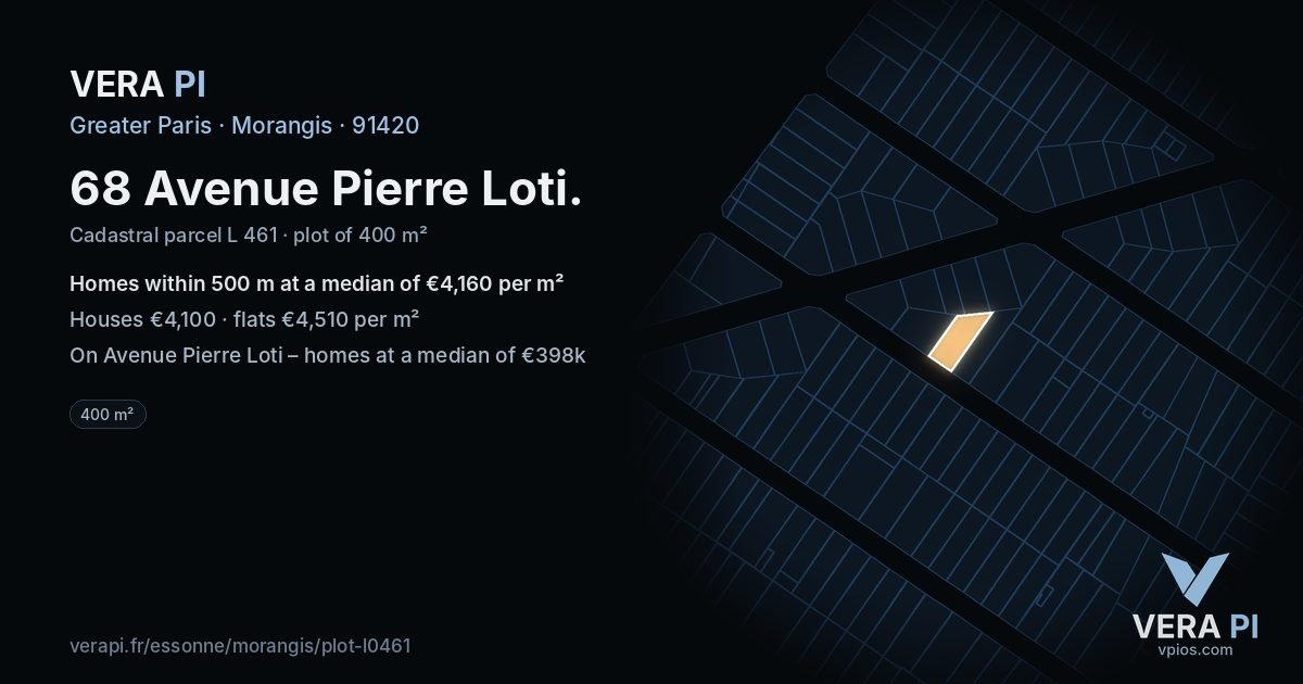68 Avenue Pierre Loti, Morangis at night – the plot lit, the parcels around coloured by the prices near them