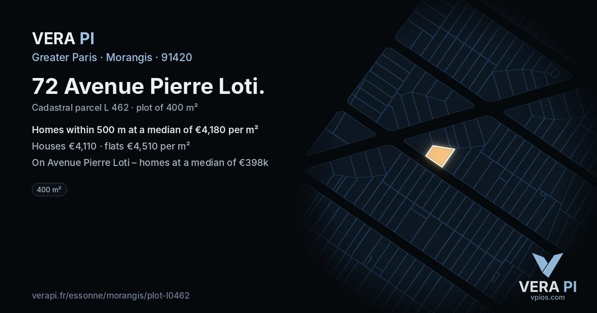 72 Avenue Pierre Loti, Morangis at night – the plot lit, the parcels around coloured by the prices near them