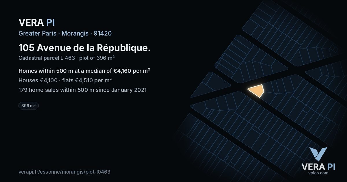 105 Avenue de la République, Morangis at night – the plot lit, the parcels around coloured by the prices near them