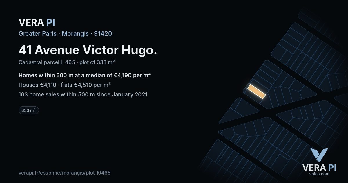 41 Avenue Victor Hugo, Morangis at night – the plot lit, the parcels around coloured by the prices near them