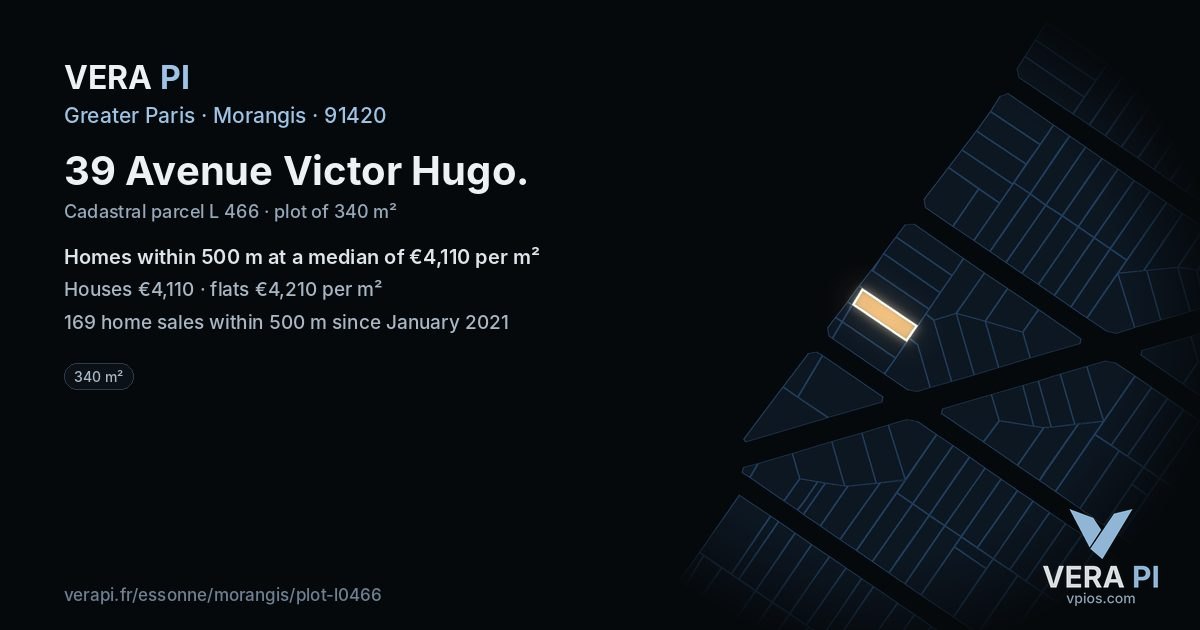 39 Avenue Victor Hugo, Morangis at night – the plot lit, the parcels around coloured by the prices near them
