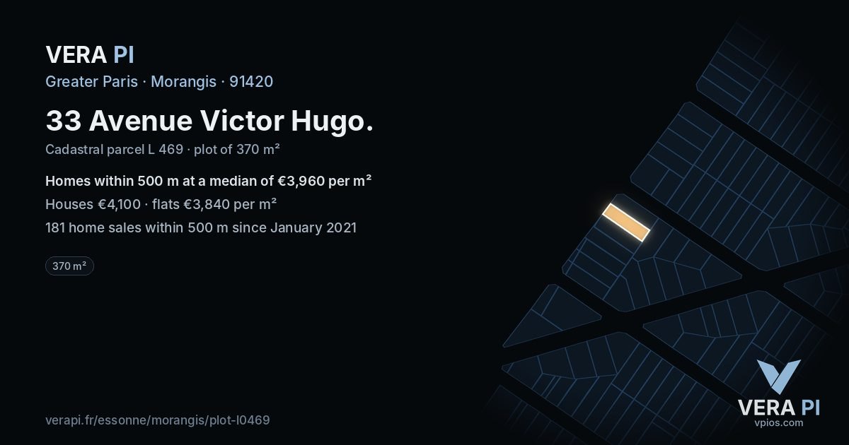 33 Avenue Victor Hugo, Morangis at night – the plot lit, the parcels around coloured by the prices near them
