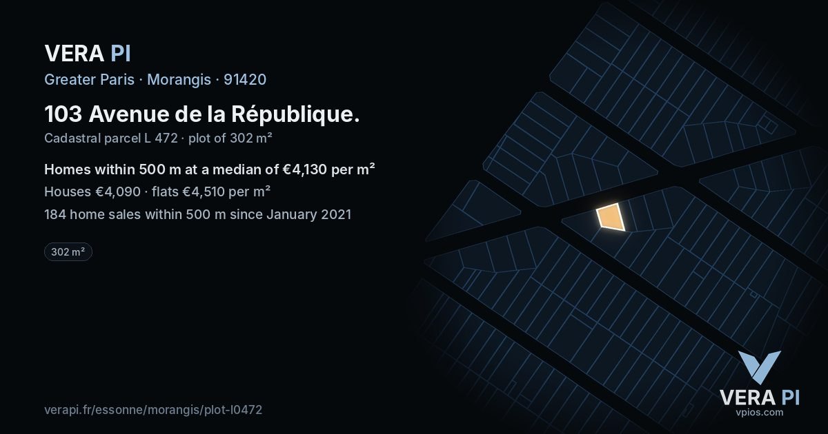 103 Avenue de la République, Morangis at night – the plot lit, the parcels around coloured by the prices near them