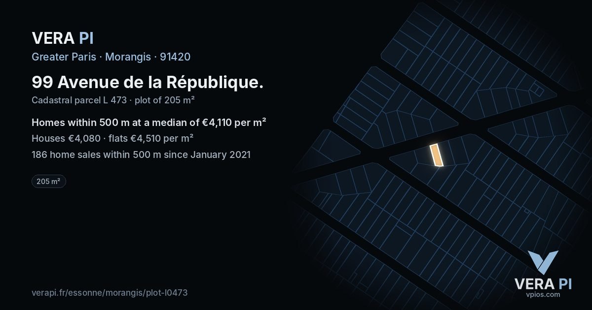99 Avenue de la République, Morangis at night – the plot lit, the parcels around coloured by the prices near them