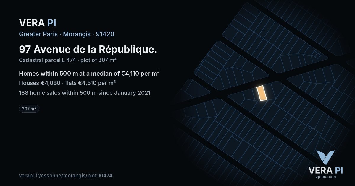 97 Avenue de la République, Morangis at night – the plot lit, the parcels around coloured by the prices near them