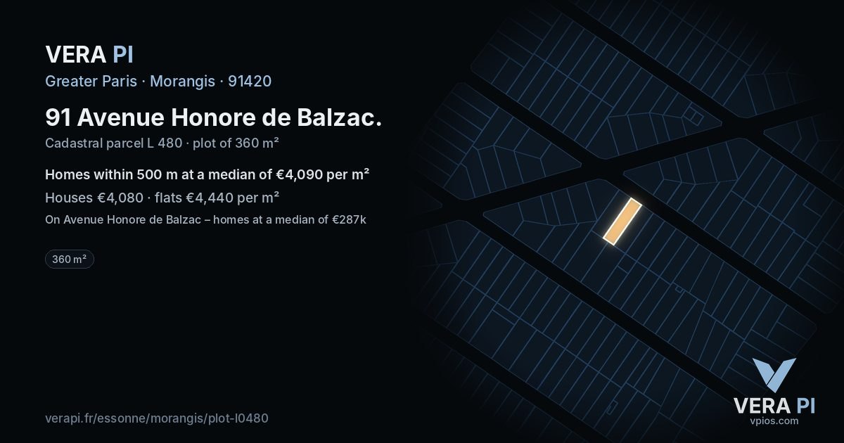 91 Avenue Honore de Balzac, Morangis at night – the plot lit, the parcels around coloured by the prices near them