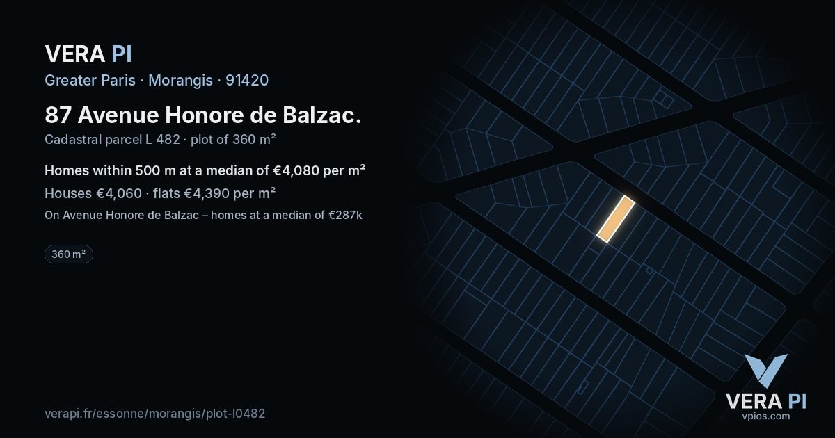 87 Avenue Honore de Balzac, Morangis at night – the plot lit, the parcels around coloured by the prices near them