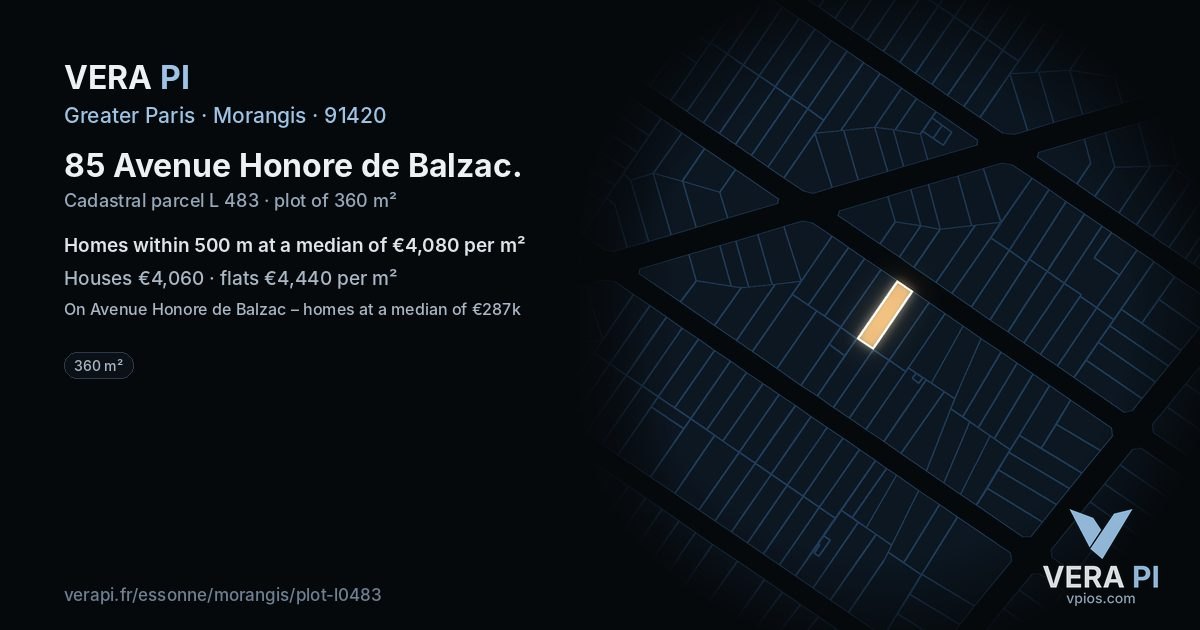 85 Avenue Honore de Balzac, Morangis at night – the plot lit, the parcels around coloured by the prices near them